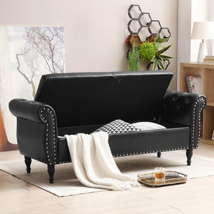 English Elm 63" PU Upholstered Storage Bench with Safety Hinge, Tufted Button Seat, Nailhead Trim, Pillow, Black W111794397