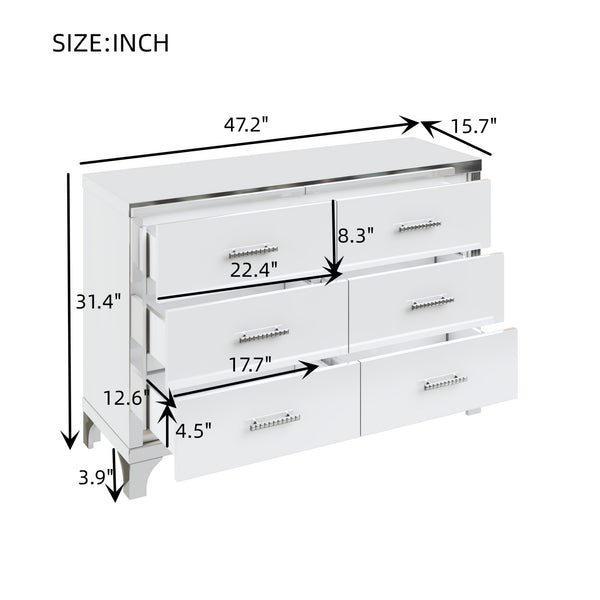 English Elm Elegant High Gloss Dresser with Metal Handles and Mirrored Panels, 6-Drawer Space-Saving Storage Solution White 55.71 L x 19.29 W x 10.63 H N733P205355K