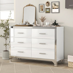 English Elm Elegant High Gloss Dresser with Metal Handles and Mirrored Panels, 6-Drawer Space-Saving Storage Solution White 55.71 L x 19.29 W x 10.63 H N733P205355K
