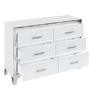 English Elm Elegant High Gloss Dresser with Metal Handles and Mirrored Panels, 6-Drawer Space-Saving Storage Solution White 55.71 L x 19.29 W x 10.63 H N733P205355K