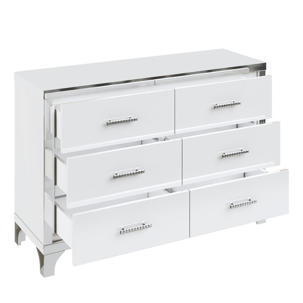 English Elm Elegant High Gloss Dresser with Metal Handles and Mirrored Panels, 6-Drawer Space-Saving Storage Solution White 55.71 L x 19.29 W x 10.63 H N733P205355K