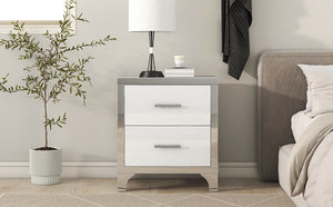 English Elm Elegant High Gloss Nightstand with Mirrored Accents and Metal Handle, 2-Drawer Modern Storage Table for Bedroom and Living Room, Sleek MDF Design White 26.77 L x 18.9 W x 11.22 H N733P205356K