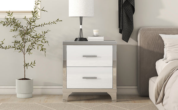 English Elm Elegant High Gloss Nightstand with Mirrored Accents and Metal Handle, 2-Drawer Modern Storage Table for Bedroom and Living Room, Sleek MDF Design White 26.77 L x 18.9 W x 11.22 H N733P205356K