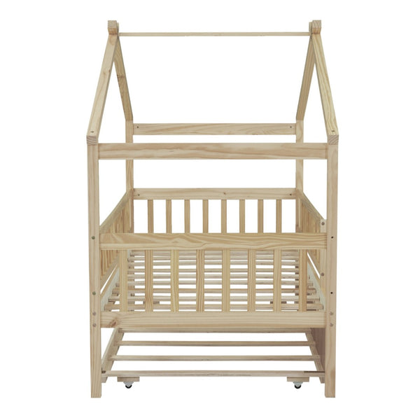 English Elm Twin House Bed Pinewood Frame with Roofline Design and Pull Out Trundle for Kids Natural WF302178AAN