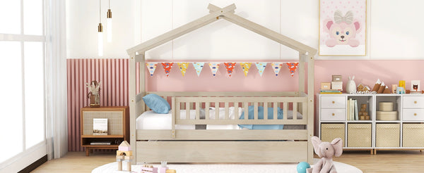 English Elm Twin House Bed Pinewood Frame with Roofline Design and Pull Out Trundle for Kids Natural WF302178AAN