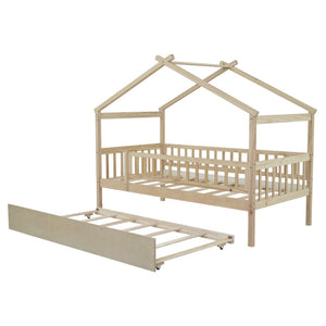 English Elm Twin House Bed Pinewood Frame with Roofline Design and Pull Out Trundle for Kids Natural WF302178AAN