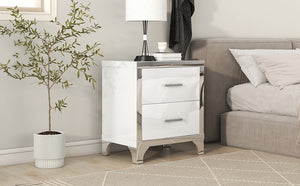 English Elm Elegant High Gloss Nightstand with Mirrored Accents and Metal Handle, 2-Drawer Modern Storage Table for Bedroom and Living Room, Sleek MDF Design White 26.77 L x 18.9 W x 11.22 H N733P205356K