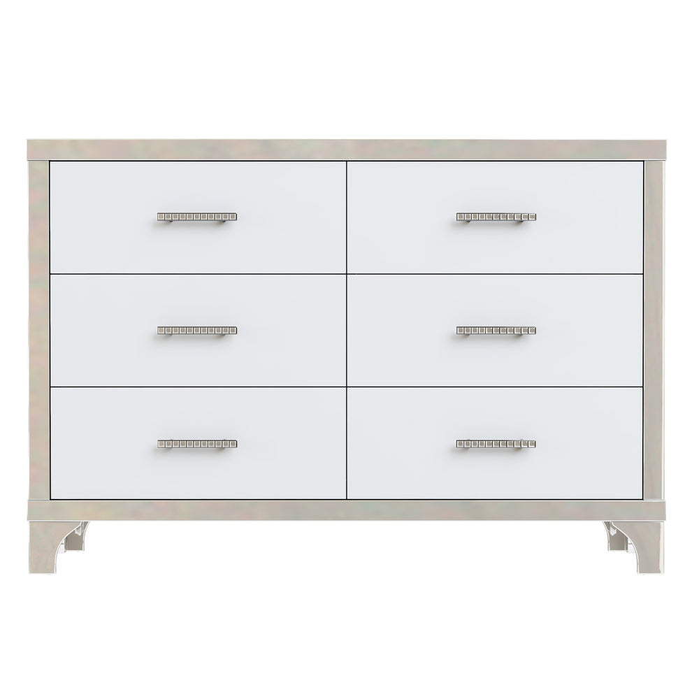English Elm Elegant High Gloss Dresser with Metal Handles and Mirrored Panels, 6-Drawer Space-Saving Storage Solution White 55.71 L x 19.29 W x 10.63 H N733P205355K