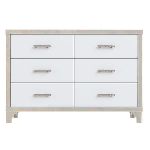 English Elm Elegant High Gloss Dresser with Metal Handles and Mirrored Panels, 6-Drawer Space-Saving Storage Solution White 55.71 L x 19.29 W x 10.63 H N733P205355K