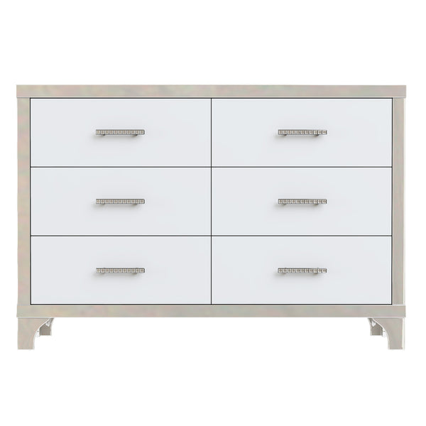 English Elm Elegant High Gloss Dresser with Metal Handles and Mirrored Panels, 6-Drawer Space-Saving Storage Solution White 55.71 L x 19.29 W x 10.63 H N733P205355K