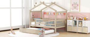 English Elm Twin House Bed Pinewood Frame with Roofline Design and Pull Out Trundle for Kids Natural WF302178AAN