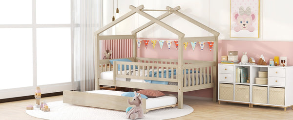 English Elm Twin House Bed Pinewood Frame with Roofline Design and Pull Out Trundle for Kids Natural WF302178AAN