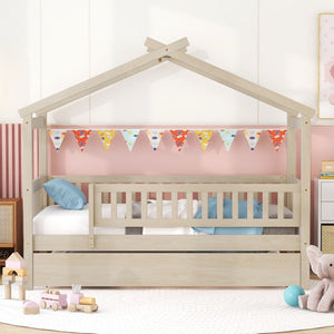 English Elm Twin House Bed Pinewood Frame with Roofline Design and Pull Out Trundle for Kids Natural WF302178AAN