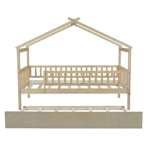 English Elm Twin House Bed Pinewood Frame with Roofline Design and Pull Out Trundle for Kids Natural WF302178AAN