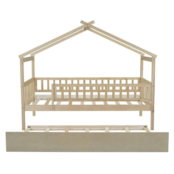 English Elm Twin House Bed Pinewood Frame with Roofline Design and Pull Out Trundle for Kids Natural WF302178AAN
