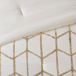 English Elm Twin/Twin Metallic Printed Comforter Set with Gold Geometric Design, Antimicrobial Microfiber Bedding Ensemble B03595864