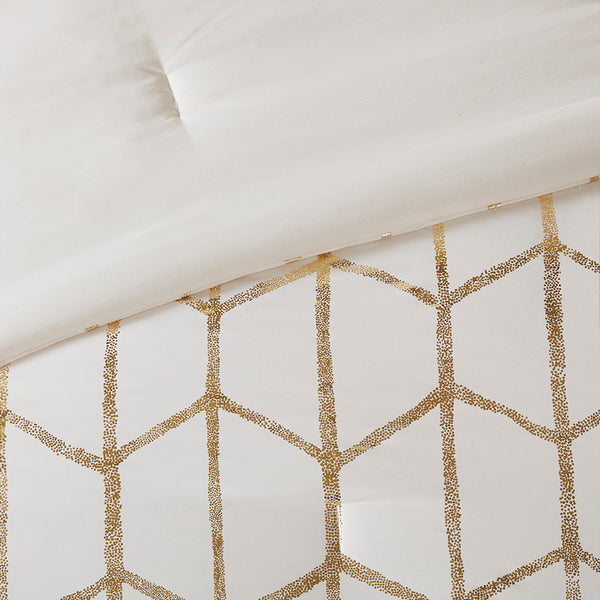 English Elm King/Cal Metallic Raina Comforter Set – Ivory Geometric Gold Print, Antimicrobial Microfiber, 5-Piece Luxe Bedding Ensemble B03595866