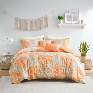 English Elm Twin/Twin Senna Comforter Set Orange Taupe Damask Microfiber with Decorative Pillows & Antimicrobial Finish B03595811