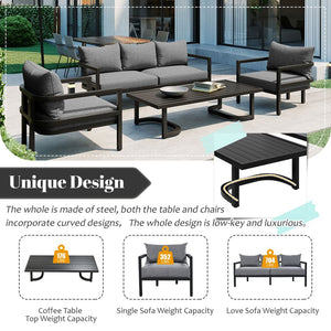English Elm U_style 5 Seat Outdoor Sofa Set Powder Coated Steel Acacia Wood Table Garden Patio Light Gray WY000333AAE