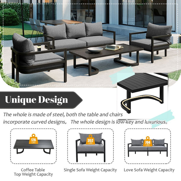English Elm U_style 5 Seat Outdoor Sofa Set Powder Coated Steel Acacia Wood Table Garden Patio Light Gray WY000333AAE