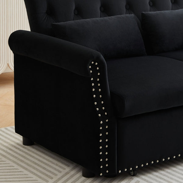 English Elm Artemax Velvet Tufted Convertible Loveseat Sleeper with Nailhead Trim for Small Spaces Black W668100737