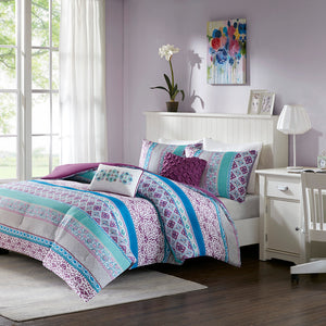 English Elm Full/Queen Boho Joni Comforter Set with Bold Global Prints, Reversible Purple Backing, OEKO-TEX Safe B03595820