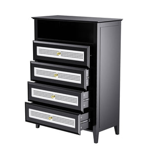English Elm On-trend Rattan Panel 4 Drawer Dresser Black Mdf Cabinet Gold Pulls Bedroom Storage WF303857AAB
