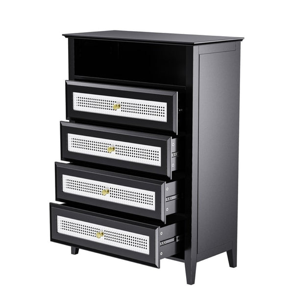 English Elm On-trend Rattan Panel 4 Drawer Dresser Black Mdf Cabinet Gold Pulls Bedroom Storage WF303857AAB
