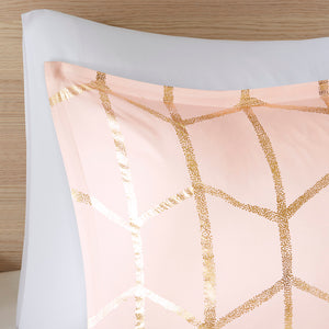 English Elm King/Cal King Metallic Printed Comforter Set – Blush Geometric Gold Microfiber, Antimicrobial, Embroidered Pillows Included B03595842