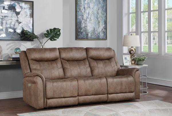 English Elm Steve Silver - Luxurious Top Grain Leather Reclining Sofa with Power Headrest & Footrest, Nailhead Trim, 85" L Camel B081109579