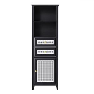 English Elm On-trend Boho Rattan Tower Cabinet 63 Inch Slim Mdf Storage for Any Room WF303856AAB