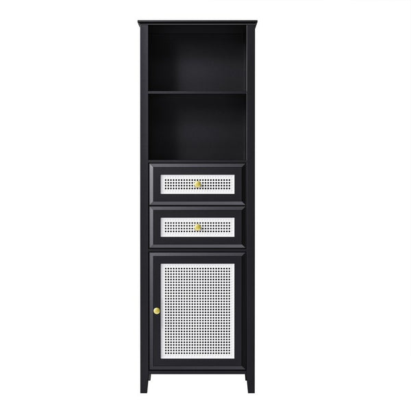 English Elm On-trend Boho Rattan Tower Cabinet 63 Inch Slim Mdf Storage for Any Room WF303856AAB