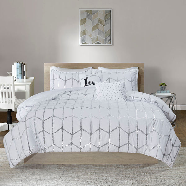 English Elm Twin/Twin Metallic Printed Comforter Set with Silver Geometric Design, Antimicrobial Microfiber, 4-Piece B03595920