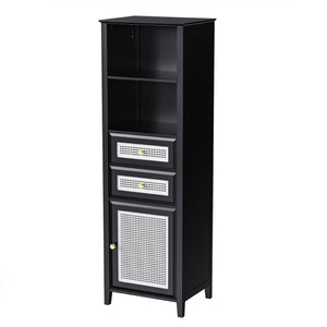 English Elm On-trend Boho Rattan Tower Cabinet 63 Inch Slim Mdf Storage for Any Room WF303856AAB