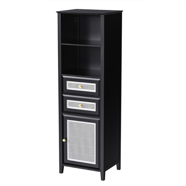 English Elm On-trend Boho Rattan Tower Cabinet 63 Inch Slim Mdf Storage for Any Room WF303856AAB
