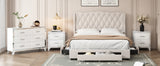 English Elm 4-Pieces Bedroom Sets Queen Size Upholstered Bed With Three Drawers, High Gloss Mirrored Nightstands and Dresser With Metal Handles and Legs