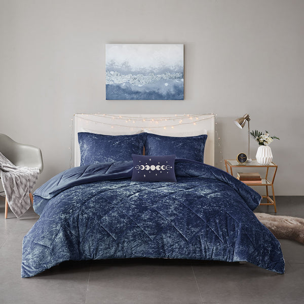 English Elm Full/Queen Felicia Velvet Comforter Set in Navy with Diamond Quilting, Hypoallergenic Fill & Pillow B03595890