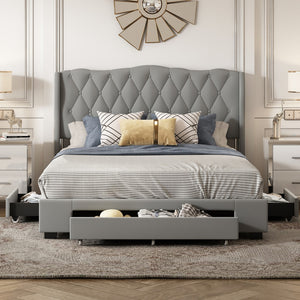 English Elm Upholstered Platform Bed With Tufted Headboard and 3 Drawers, No Box Spring Needed, Velvet Fabric, Queen Size Gray