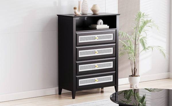 English Elm On-trend Rattan Panel 4 Drawer Dresser Black Mdf Cabinet Gold Pulls Bedroom Storage WF303857AAB