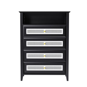 English Elm On-trend Rattan Panel 4 Drawer Dresser Black Mdf Cabinet Gold Pulls Bedroom Storage WF303857AAB