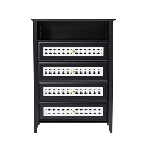 English Elm On-trend Rattan Panel 4 Drawer Dresser Black Mdf Cabinet Gold Pulls Bedroom Storage WF303857AAB