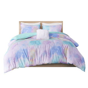 English Elm Full/Queen Watercolor Tie Dye Comforter Set with Piped Edges, Hypoallergenic Fill & Fur Pillow - OEKO-TEX Certified B03595946