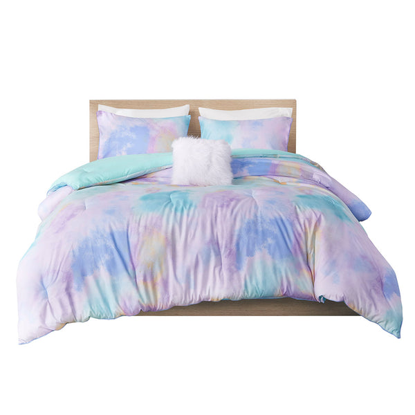 English Elm Twin/Twin Watercolor Tie Dye Comforter Set with Piped Edges, Hypoallergenic Fill & Fur Pillow B03595945