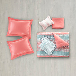 English Elm Full Loretta Boho Comforter Set with Sheets, Coral Aqua Medallion, Embroidered Shams & OEKO-TEX Safety B03595824