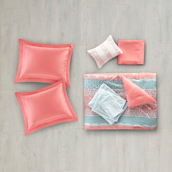 English Elm Twin Intelligent Design Loretta Boho Comforter Set with Sheets, Coral Aqua Medallion, OEKO-TEX Certified Luxury B03595822