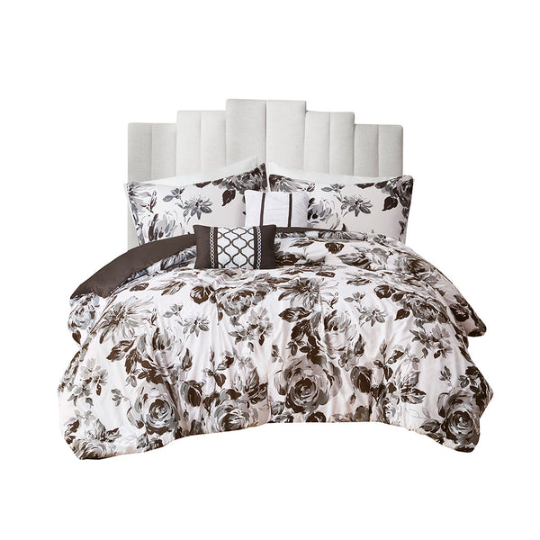 English Elm King/Cal Floral Print Comforter Set - Intelligent Design Dorsey Black & White Microfiber Comforter, Shams, Decorative Pillows, Hypoallergenic, Machine Washable B03595939