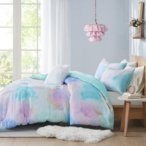 English Elm Twin/Twin Watercolor Tie Dye Comforter Set with Piped Edges, Hypoallergenic Fill & Fur Pillow B03595945