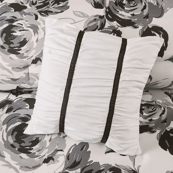 English Elm Twin/Twin Dorsey Floral Comforter Set - Black & White Microfiber, Reversible Solid Back, Hypoallergenic Pillows, Antimicrobial Protection B03595881