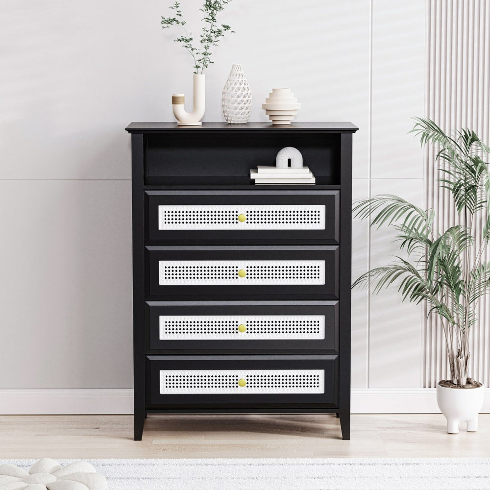 English Elm On-trend Rattan Panel 4 Drawer Dresser Black Mdf Cabinet Gold Pulls Bedroom Storage WF303857AAB
