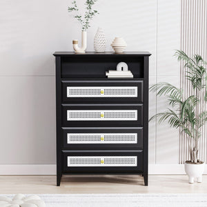 English Elm On-trend Rattan Panel 4 Drawer Dresser Black Mdf Cabinet Gold Pulls Bedroom Storage WF303857AAB